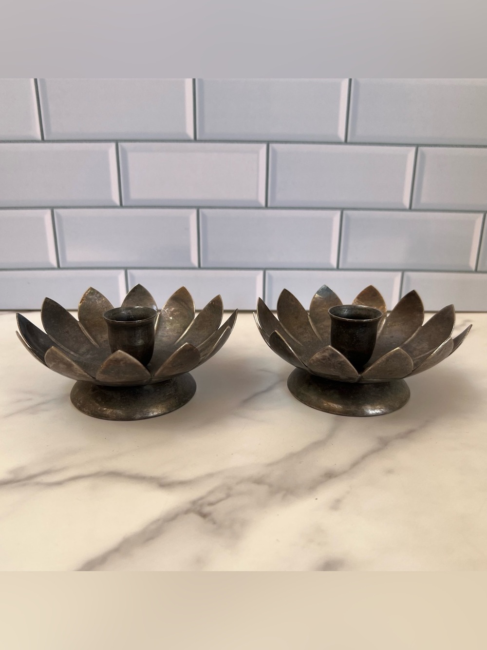 Vintage Silver Plated Lotus Flower Candle Holder Set MCM Art Deco Home Decor